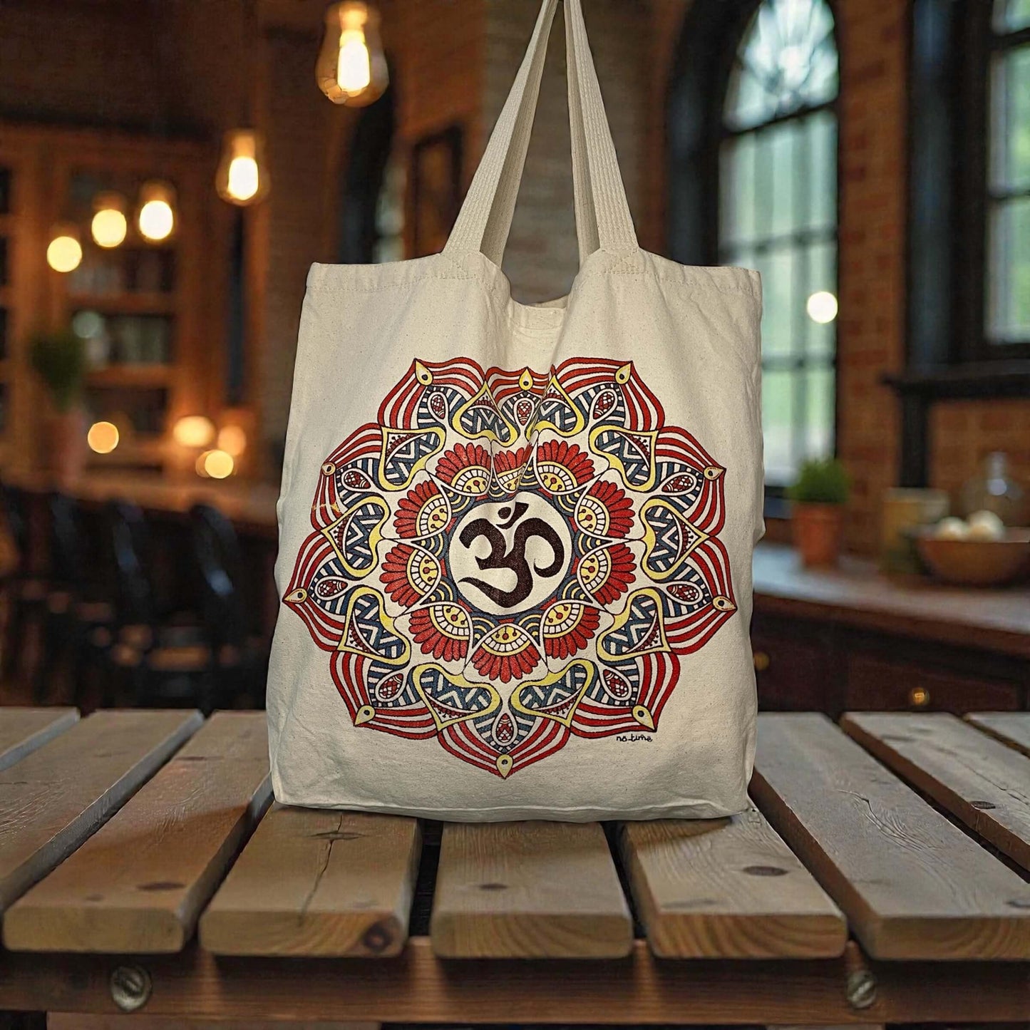 Borsa in tela di cotone grezzo con chiusura in velcro e stampa mandala con simbolo Om, model