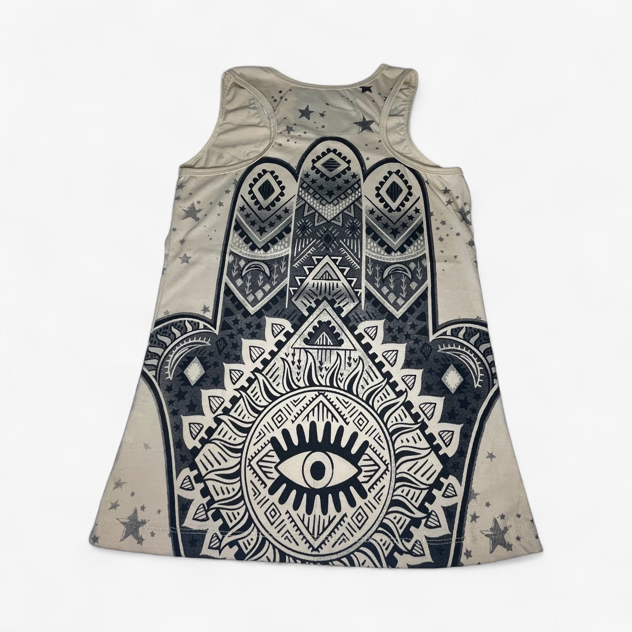 Canotta donna Mirror beige con stampa Hamsa Mano di Fatima e Occhio solare mandala multicolore – moda etnica e spirituale - retro