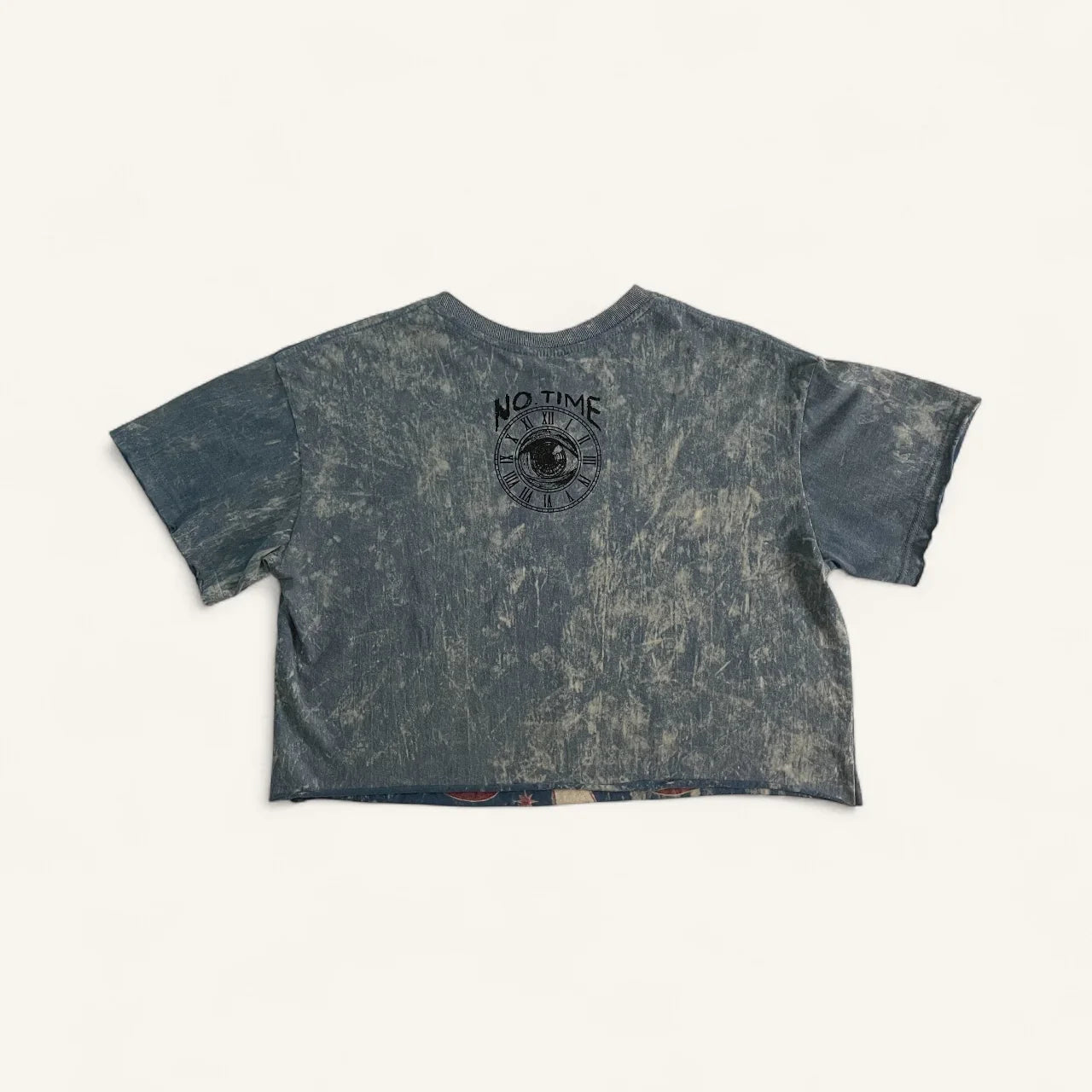 Crop top donna blu effetto slavato, stampa retro orologio con scritta No Time, ql maglie