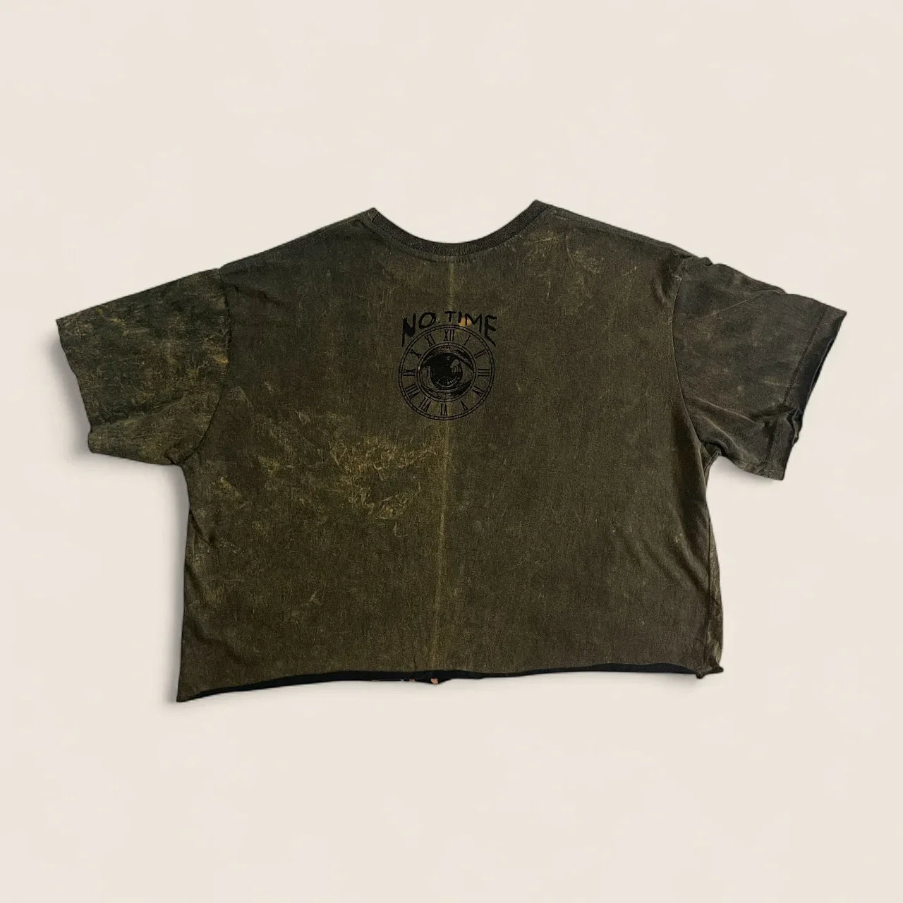 Crop top donna nero effetto vintage con stampa occhio psichedelico e scritta No Time, ql maglie