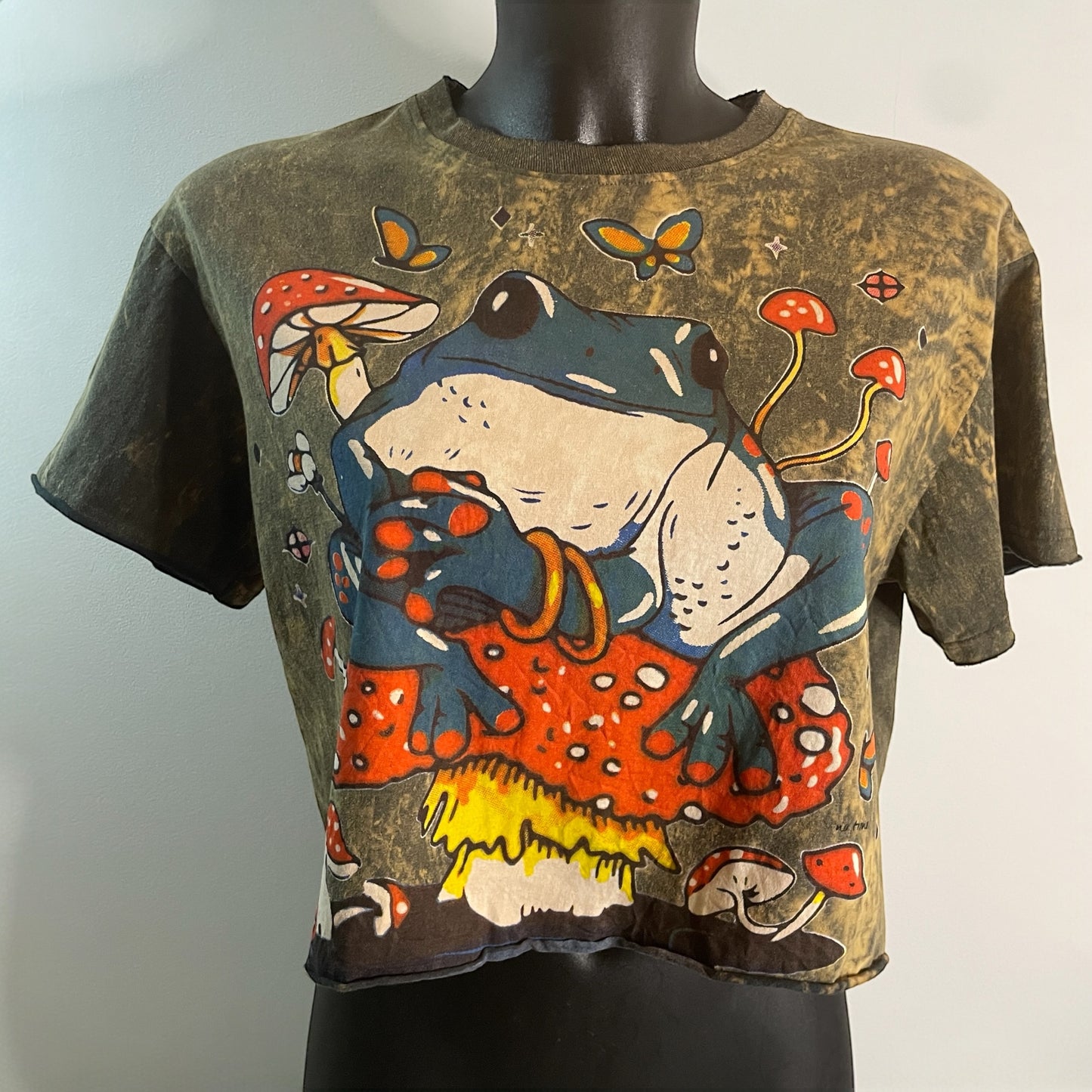 Crop top donna vintage in cotone slavato con stampa rana blu seduta su fungo rosso e funghi psichedelici in stile hippie anni ’70, model