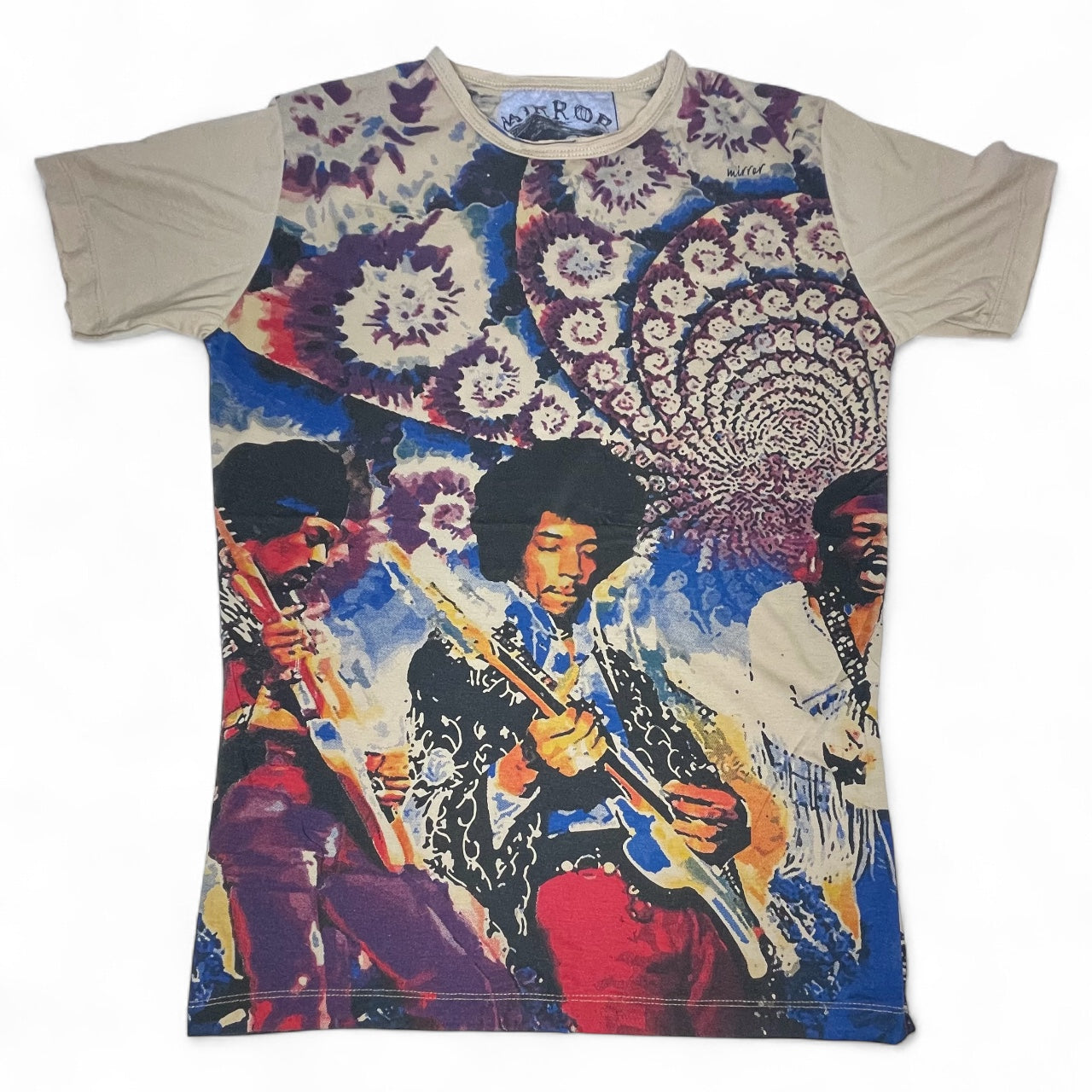 Maglietta unisex con stampa psichedelica di Jimi Hendrix in concerto, stile anni '70 con sfondo caleidoscopico, beige