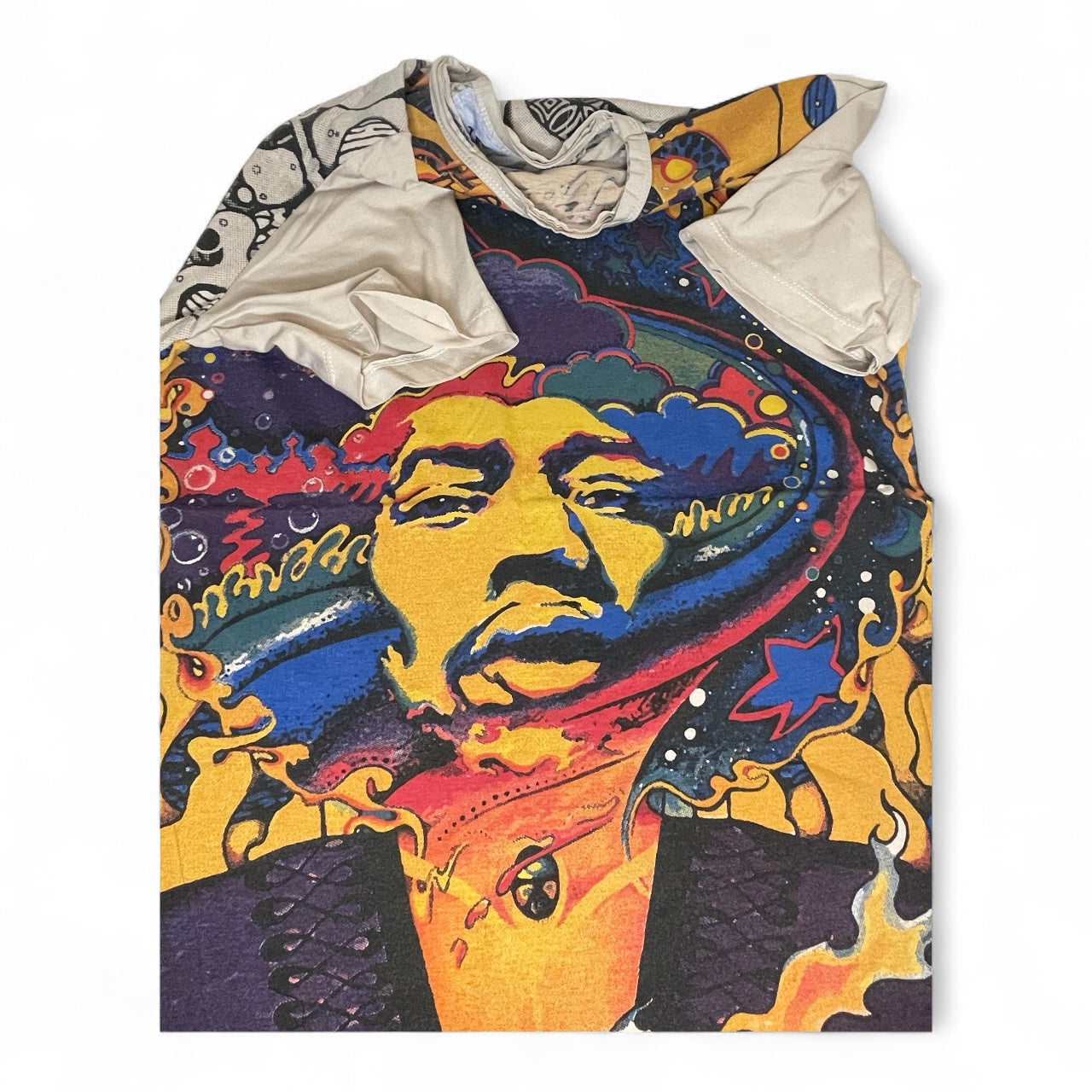Maglietta unisex con stampa psichedelica di Jimi Hendrix in stile hippie, ispirata agli anni ’70, beige, dettaglio