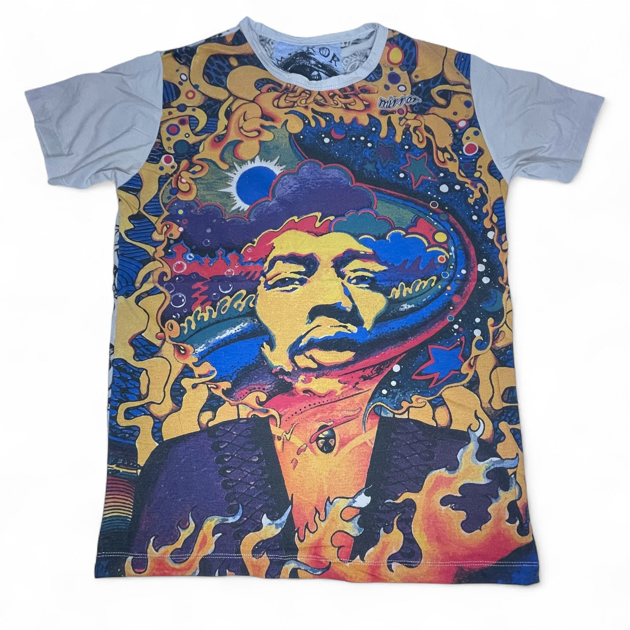 Maglietta unisex con stampa psichedelica di Jimi Hendrix in stile hippie, ispirata agli anni ’70, beige