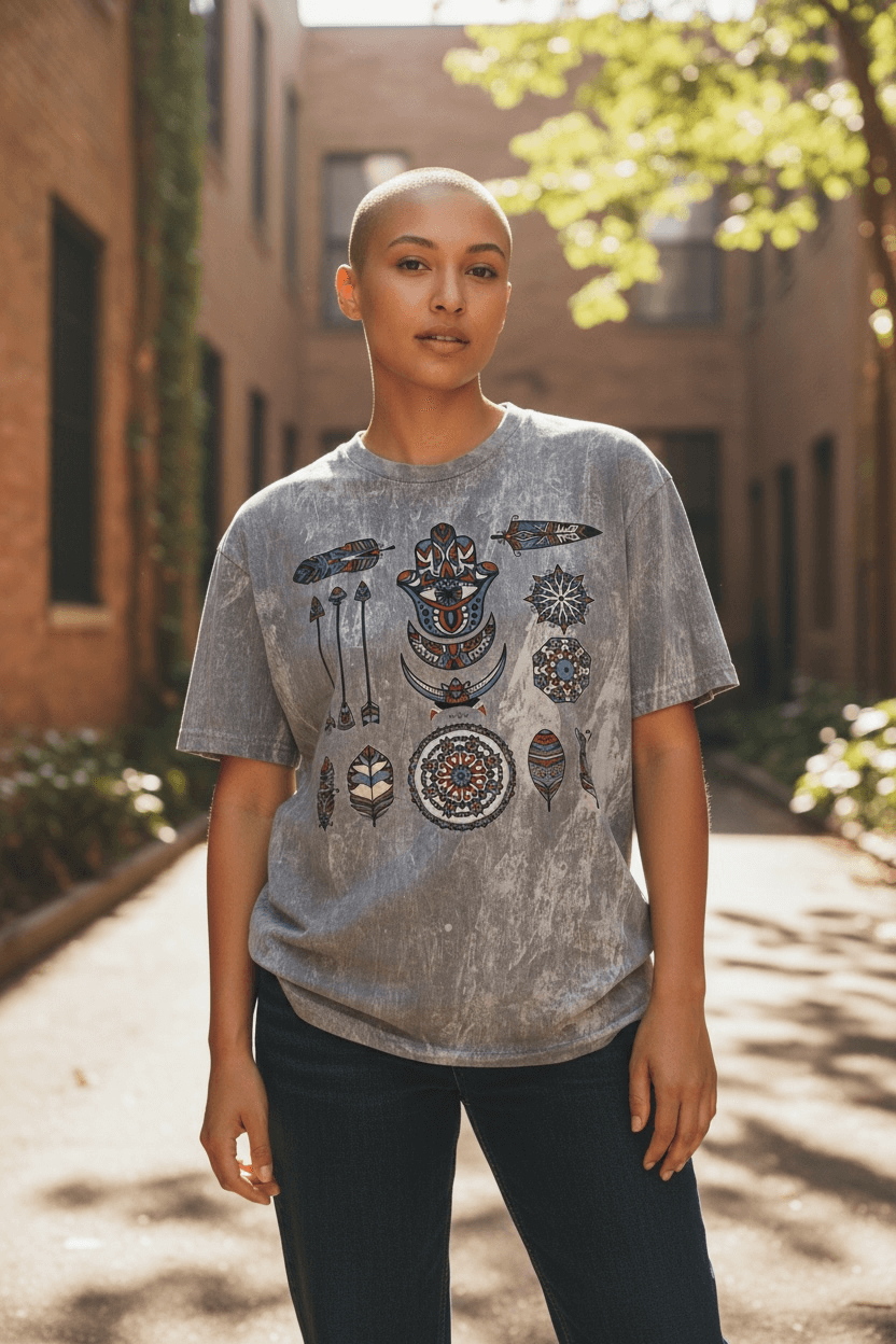 Maglietta stonewash grigia con grande stampa tribale: frecce, piume e mandala colorati, t-shirt unisex, indossata da modella.