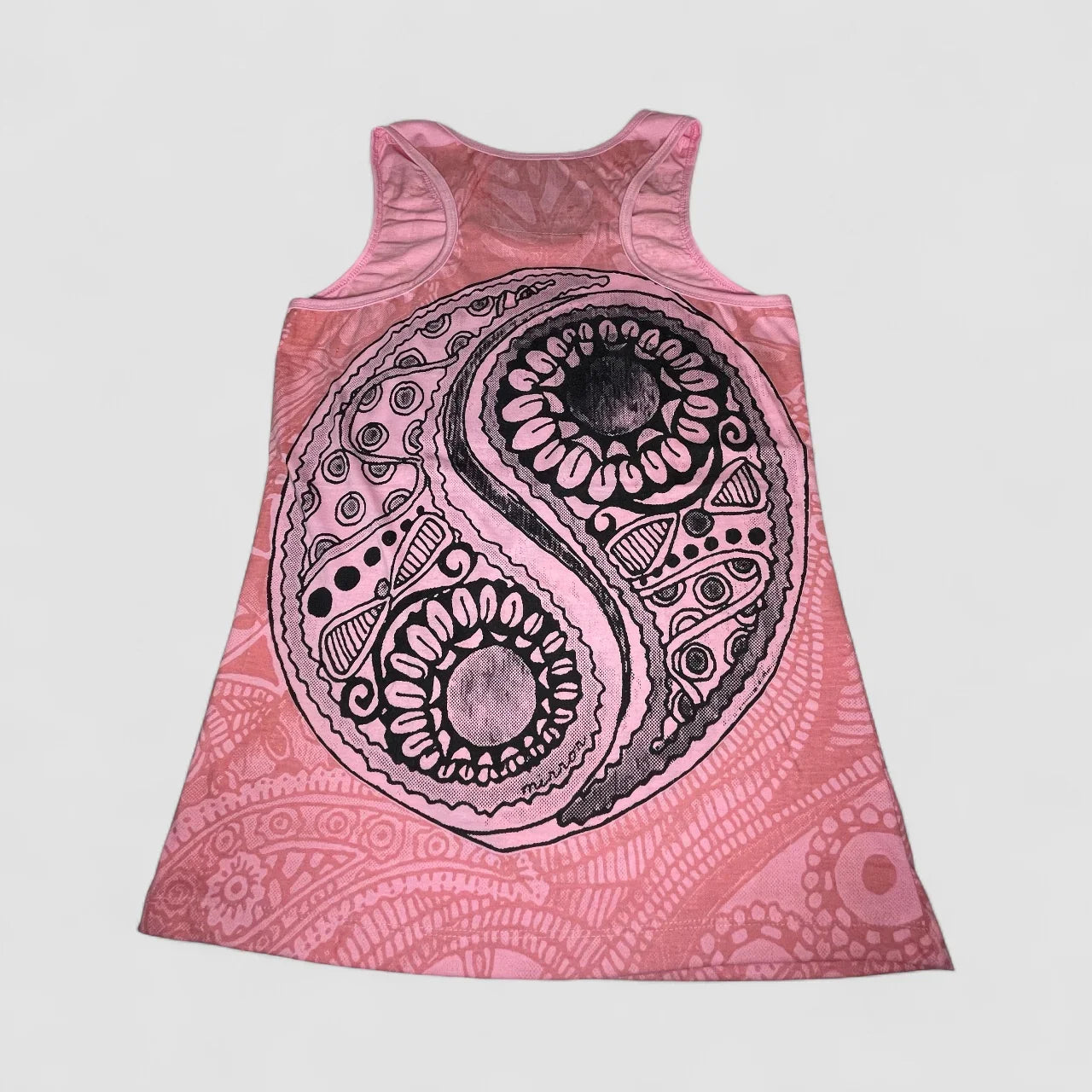 Canotta donna rosa con stampa yin yang psichedelico, abbigliamento estivo ql maglie.