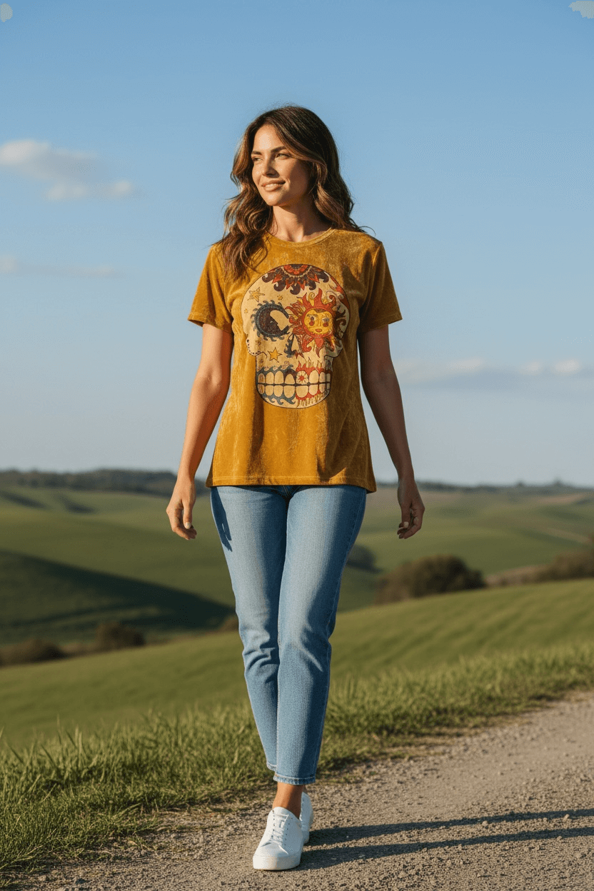T-shirt ocra stonewash con grande stampa teschio decorato “Sun & Moon” (sole e luna), maglietta unisex, indossata da modella mentre cammina all'aria aperta.