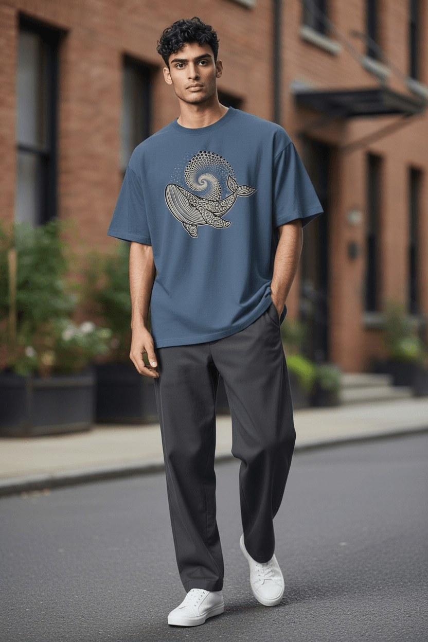 La t-shirt “Cosmic Whale” combina minimalismo, spiritualità e arte simbolica in una grafica elegante e ipnotica.