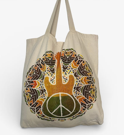 Borsa in Tela con Chitarra e Simbolo della Pace – Tote Bag in Cotone Grezzo con Chiusura in Velcro