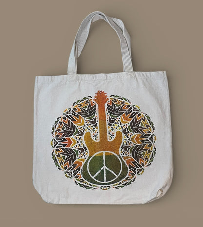Borsa in tela di cotone grezzo con chiusura in velcro, stampa chitarra e simbolo della pace in stile boho