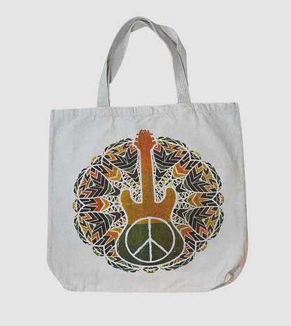 Borsa in tela di cotone grezzo con chiusura in velcro, stampa chitarra e simbolo della pace in stile boho