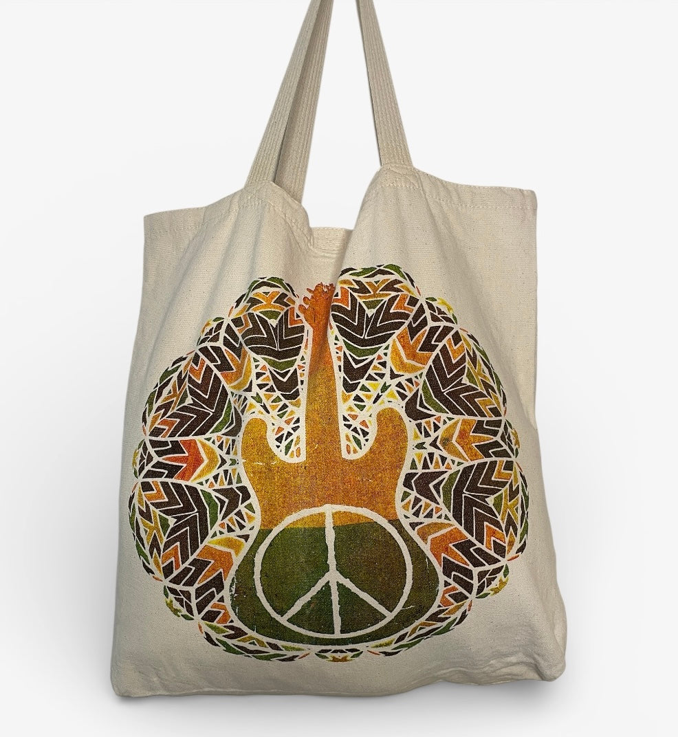 Borsa in tela di cotone grezzo con chiusura in velcro, stampa chitarra e simbolo della pace in stile boho, model