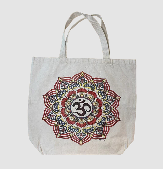 Borsa in tela di cotone grezzo con chiusura in velcro e stampa mandala con simbolo Om