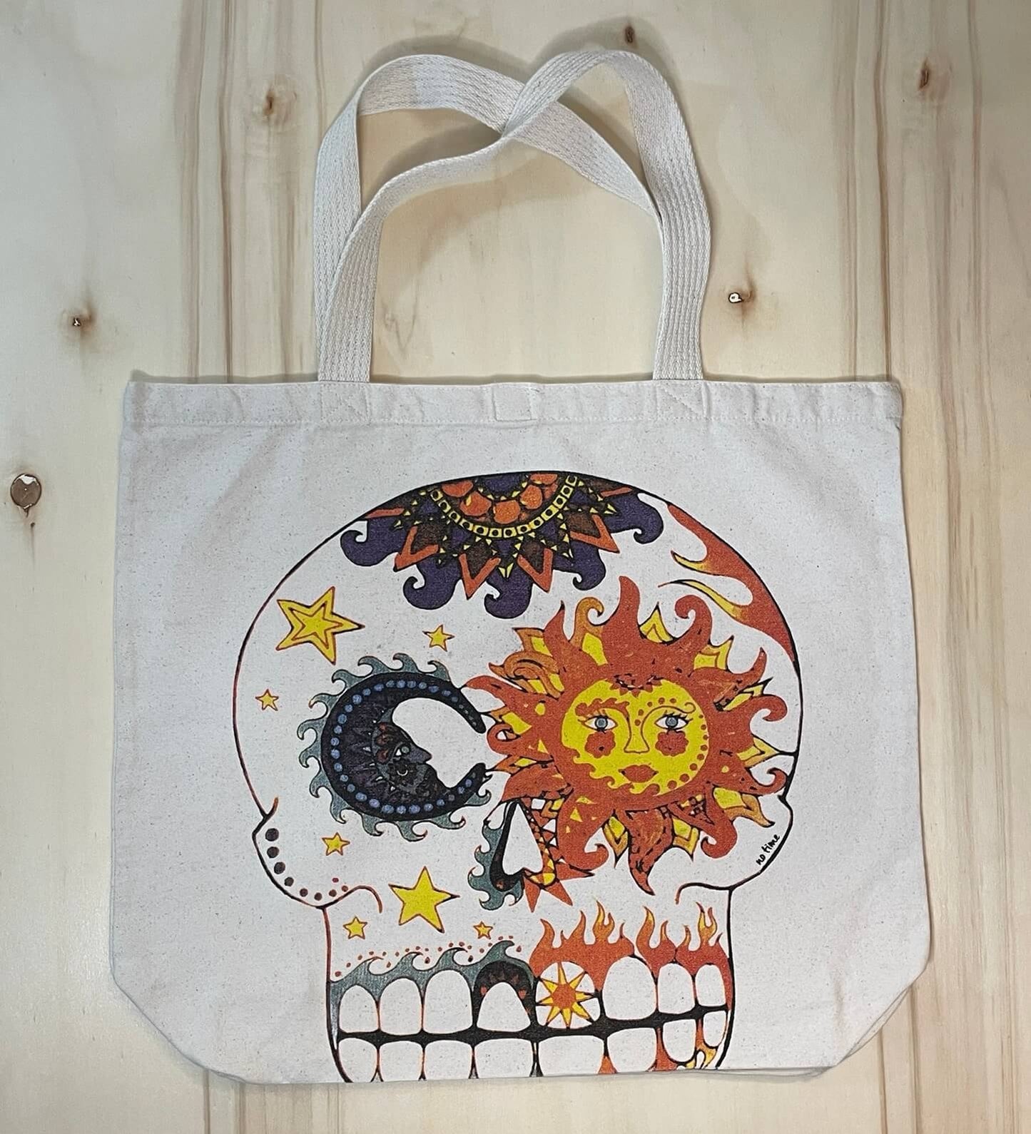 Borsa in tela di cotone grezzo con stampa artistica teschio sole e luna, tote bag resistente e capiente