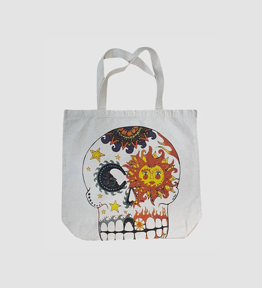 Borsa in tela di cotone grezzo con stampa artistica teschio sole e luna, tote bag resistente e capiente