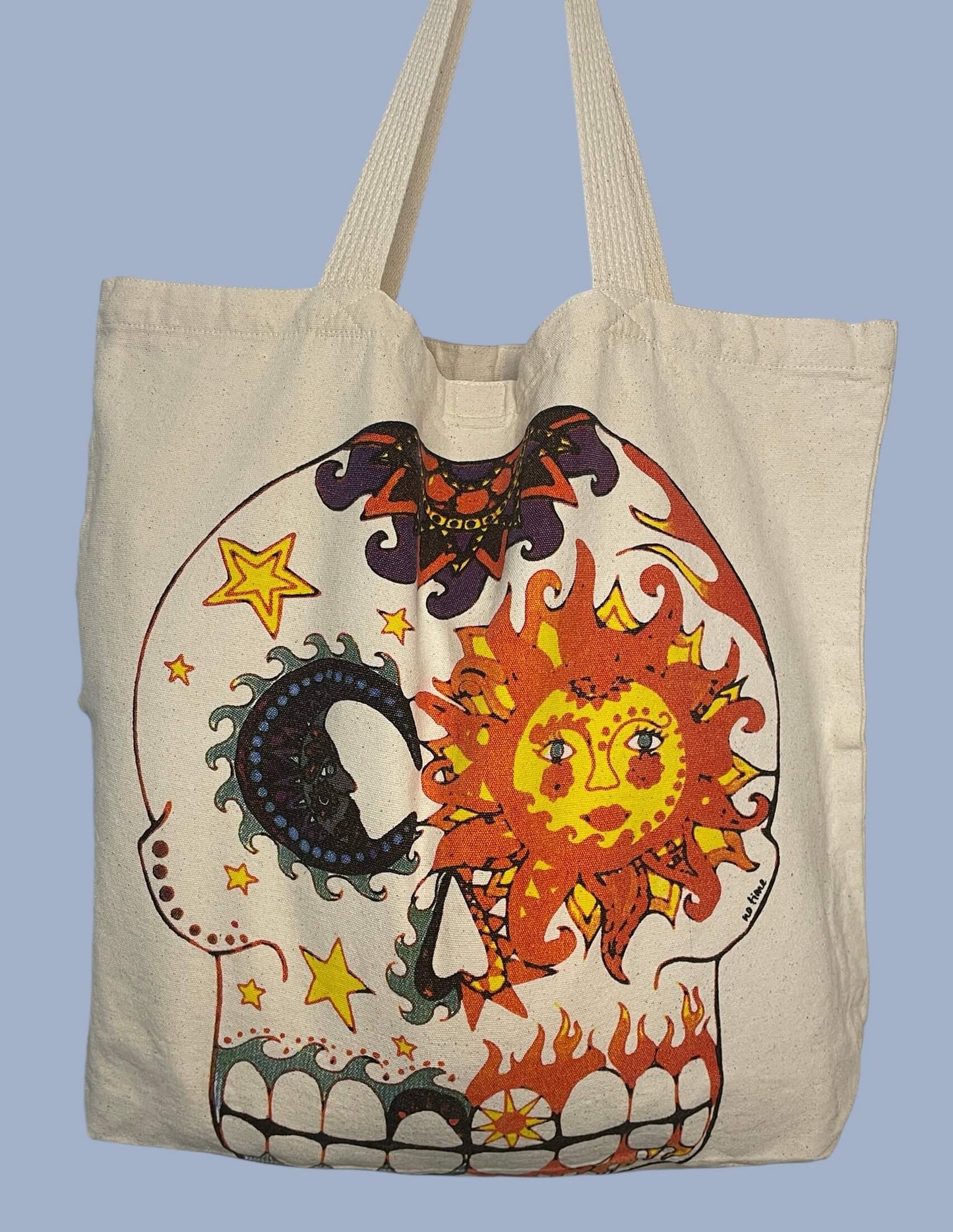 Borsa in tela di cotone grezzo con stampa artistica teschio sole e luna, tote bag resistente e capiente