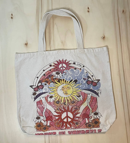 Borsa in tela di cotone grezzo con chiusura in velcro, stampa artistica sole e pace e scritta Trust in Yourself
