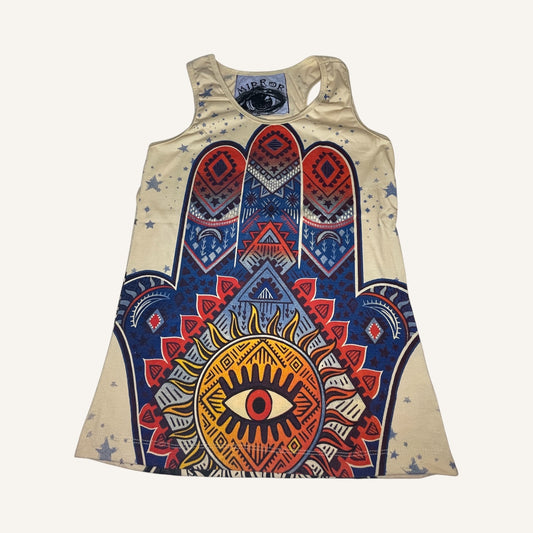 Canotta donna Mirror beige con stampa Hamsa Mano di Fatima e Occhio solare mandala multicolore – moda etnica e spirituale