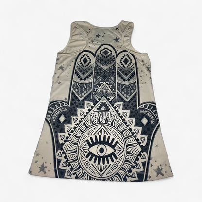 Canotta donna Mirror beige con stampa Hamsa Mano di Fatima e Occhio solare mandala multicolore – moda etnica e spirituale - retro