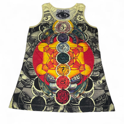 Canottiera donna in cotone con stampa full-print di chakra colorati in stile boho psichedelico.