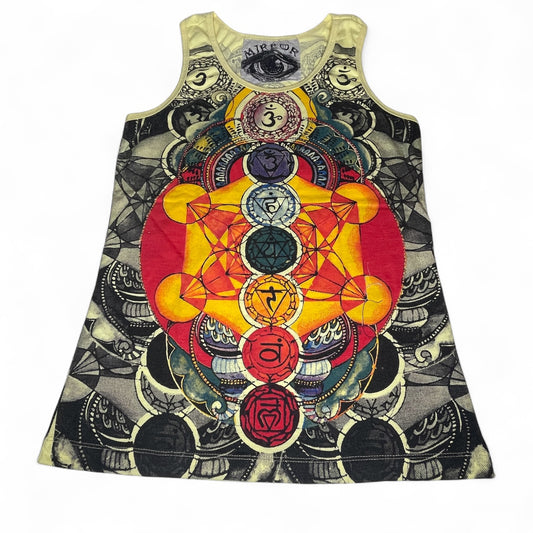 Canottiera donna in cotone con stampa full-print di chakra colorati in stile boho psichedelico.