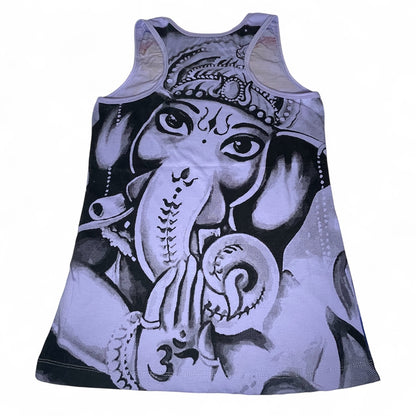 Canottiera donna in cotone con stampa full-print raffigurante Ganesha in stile psichedelico e colori vividi (mandala/boho), retro.