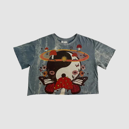Crop Top Donna Blu Vintage – Yin Yang Psichedelico con Funghi e Fiori - ql maglie