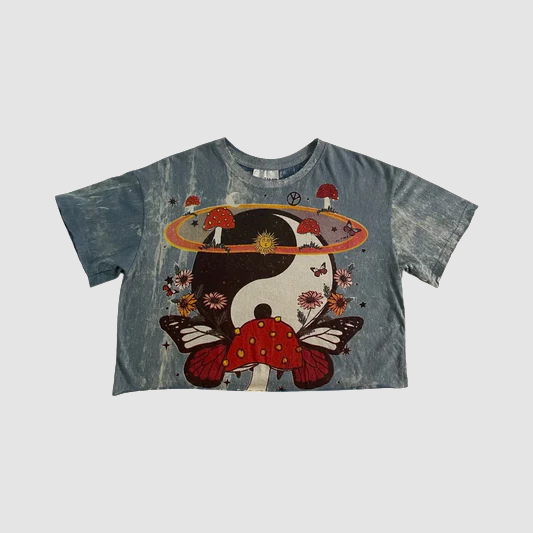 Crop Top Donna Blu Vintage – Yin Yang Psichedelico con Funghi e Fiori - ql maglie
