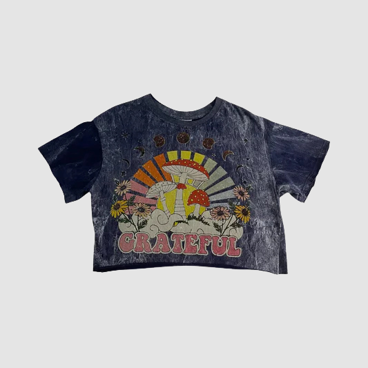 Crop Top Donna Grateful con Funghi Psichedelici e Fiori – Stile Vintage - ql maglie