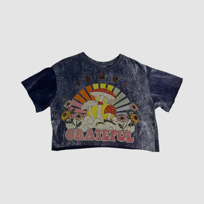 Crop Top Donna Grateful con Funghi Psichedelici e Fiori – Stile Vintage - ql maglie