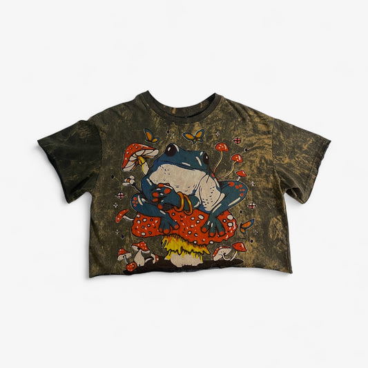 Crop top donna vintage in cotone slavato con stampa rana blu seduta su fungo rosso e funghi psichedelici in stile hippie anni ’70