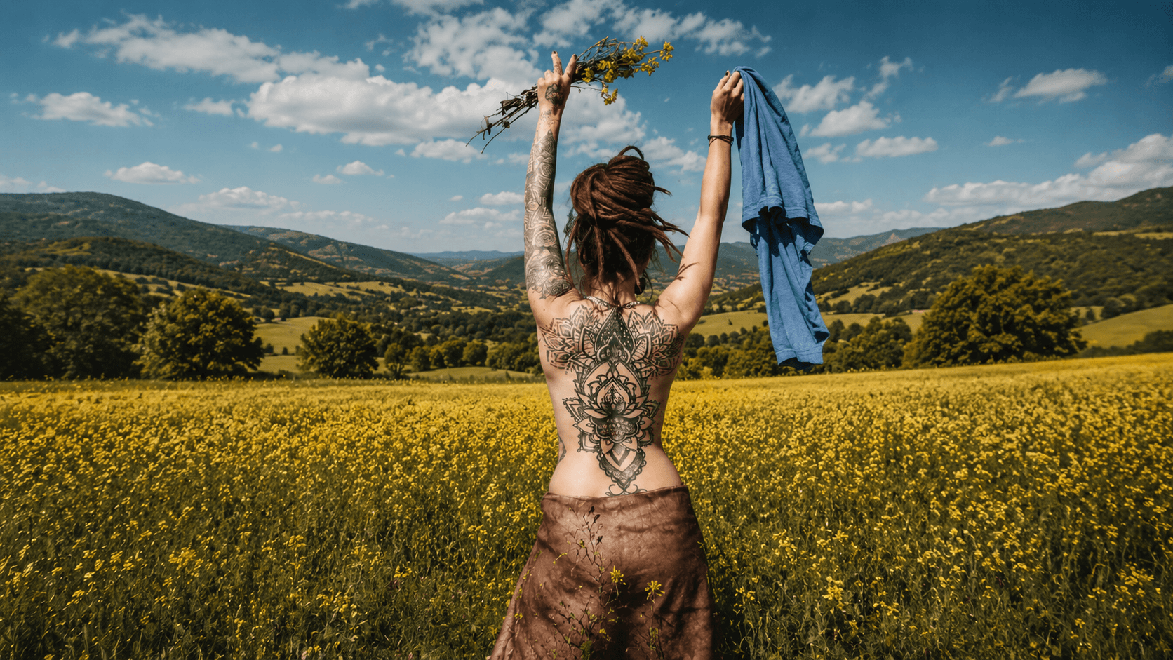 Donna con dread e tatuaggi in un campo di fiori gialli con le braccia alzate, immagine hero QL Maglie ispirata a libertà, natura e stile anticonformista.