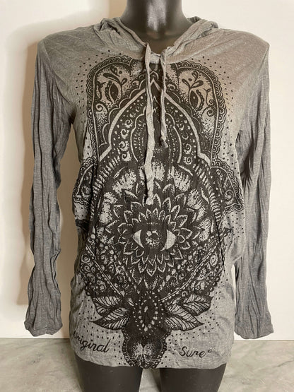 Hood donna Sure in cotone stropicciato — cappuccio leggero con stampa mandala & motivi lotus - ql maglie