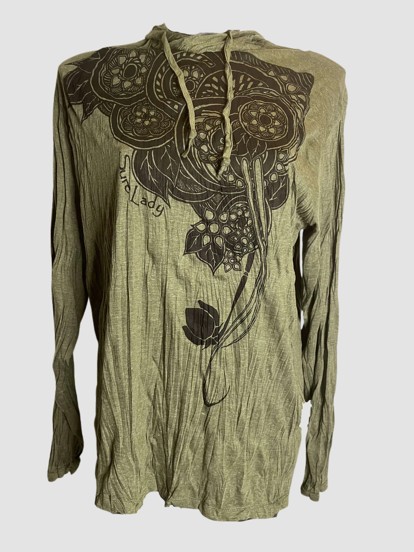 Hood donna Sure in cotone stropicciato — cappuccio leggero con stampa mandala & motivi lotus - ql maglie