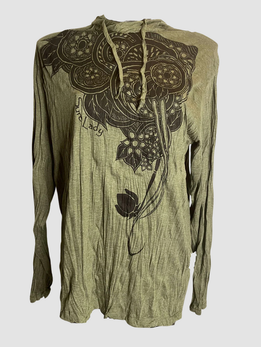 Hood donna Sure in cotone stropicciato — cappuccio leggero con stampa mandala & motivi lotus - ql maglie