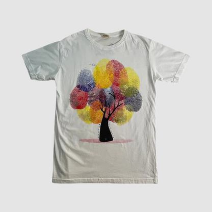Maglietta Bianca Unisex in Cotone – Albero con Foglie a Impronte Colorate - ql maglie