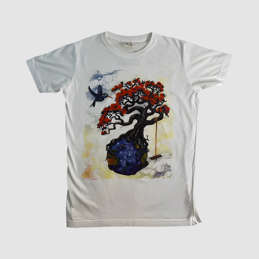 Maglietta Bianca Unisex – Albero con Radici sul Mondo e Uccello in Volo - ql maglie