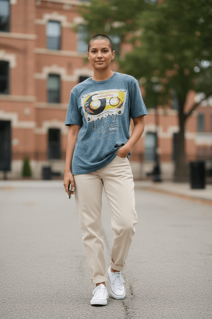 T-shirt vintage stonewash con grande stampa di una cassetta audio e scritta “Memories”, maglia unisex in cotone, indossata da una modella all'aria aperta.