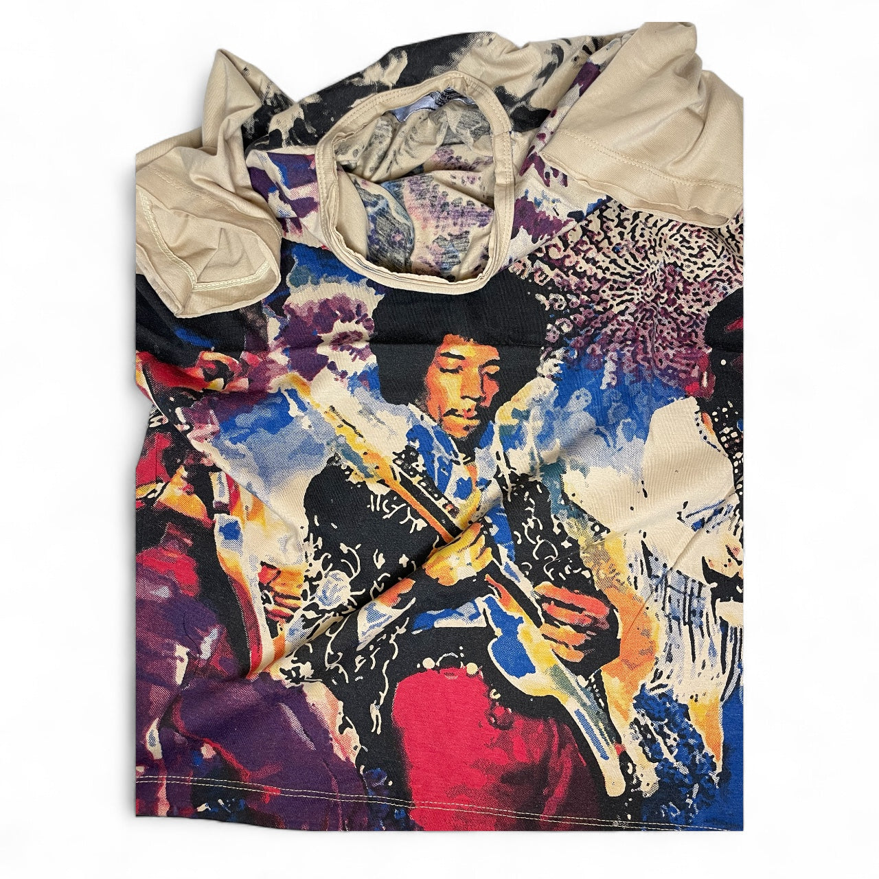 Maglietta unisex con stampa psichedelica di Jimi Hendrix in concerto, stile anni '70 con sfondo caleidoscopico, beige, dettaglio