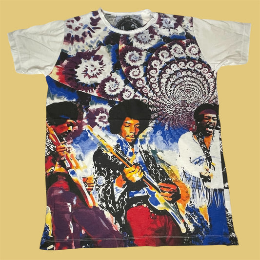Maglietta unisex con stampa psichedelica di Jimi Hendrix in concerto, stile anni '70 con sfondo caleidoscopico