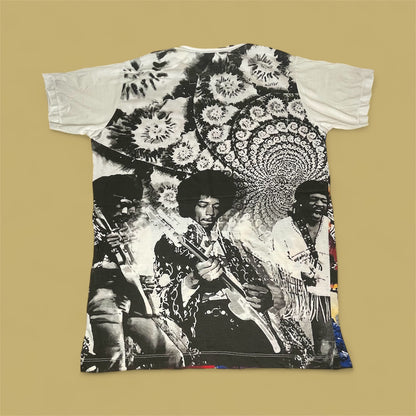Maglietta unisex con stampa psichedelica di Jimi Hendrix in concerto, stile anni '70 con sfondo caleidoscopico, retro
