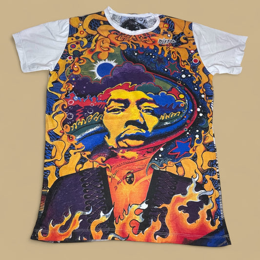 Maglietta unisex con stampa psichedelica di Jimi Hendrix in stile hippie, ispirata agli anni ’70