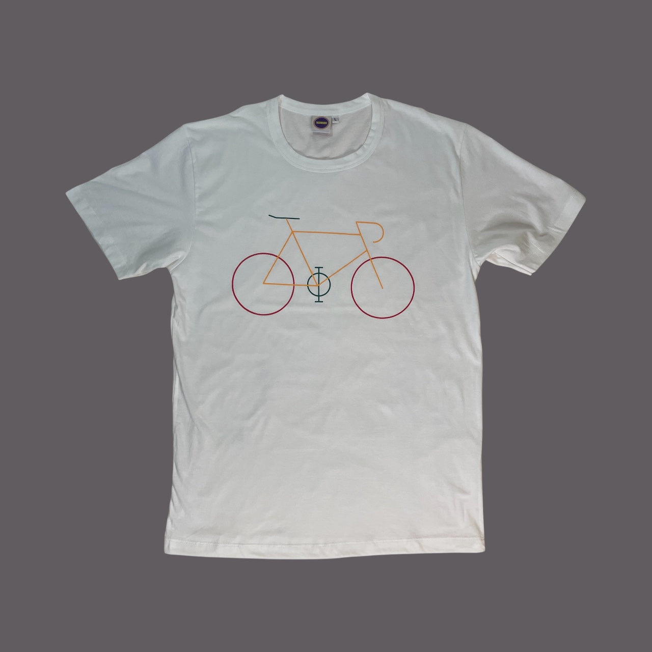 Maglietta bianca con stampa minimal di bicicletta a linee colorate — t-shirt uomo/donna.