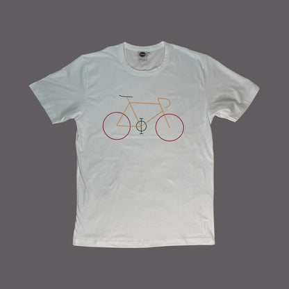 Maglietta bianca con stampa minimal di bicicletta a linee colorate — t-shirt uomo/donna.