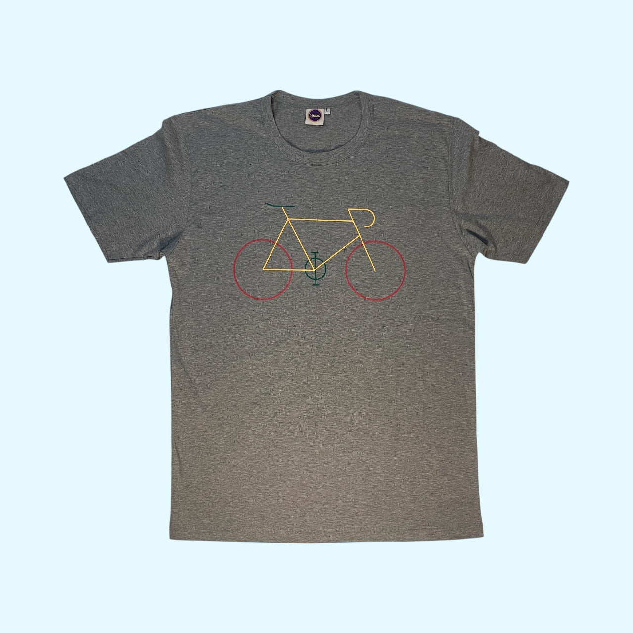 Maglietta grigia con stampa minimal di bicicletta a linee colorate — t-shirt uomo/donna.