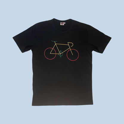 Maglietta nera con stampa minimal di bicicletta a linee colorate — t-shirt uomo/donna.