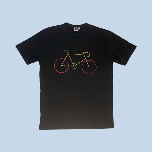 Maglietta nera con stampa minimal di bicicletta a linee colorate — t-shirt uomo/donna.