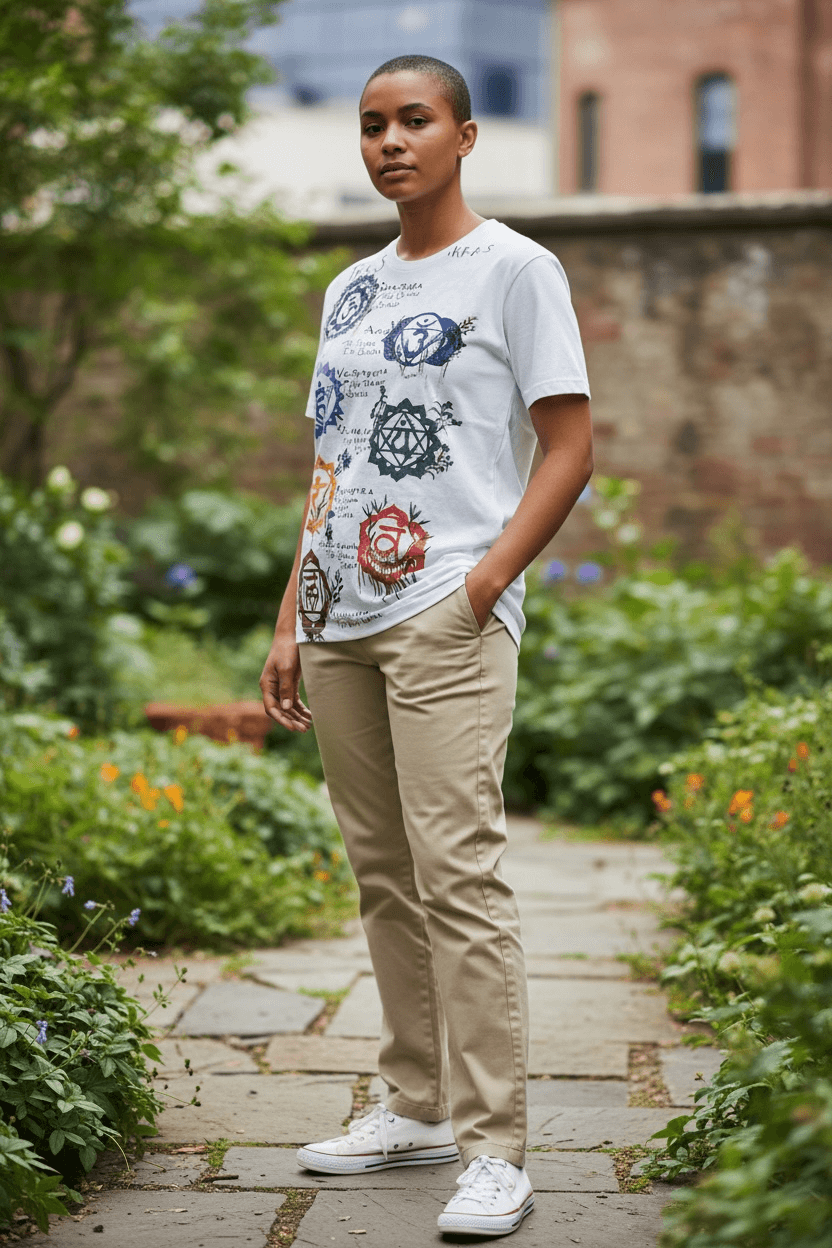 T-shirt bianca con illustrazione dei sette chakra e simboli energetici colorati, stile artistico, indossata da modella.