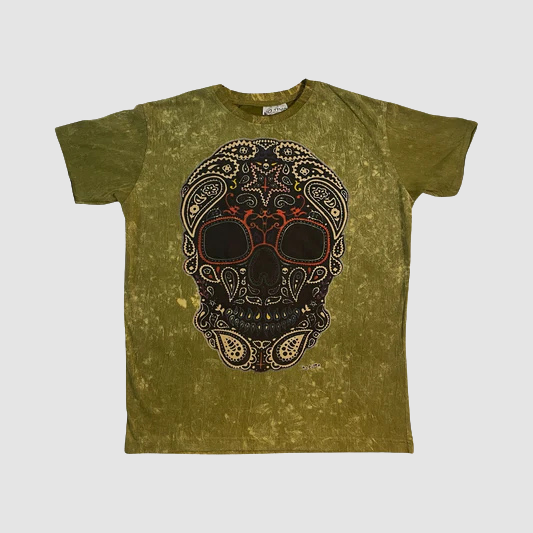 T-Shirt Uomo Verde “Sugar Skull”, Maglietta Artistica Teschio Messicano Decorato, marca ql maglie