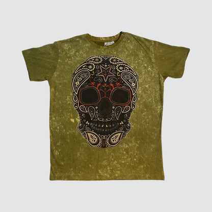 T-Shirt Uomo Verde “Sugar Skull”, Maglietta Artistica Teschio Messicano Decorato, marca ql maglie